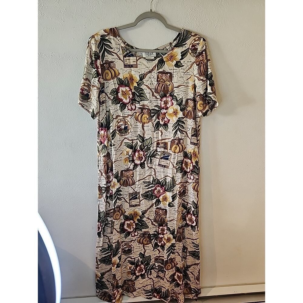 Vintage Teddi Hawaiian Floral Maxi Dress Womens Size L Rayon Tropical Side Ties